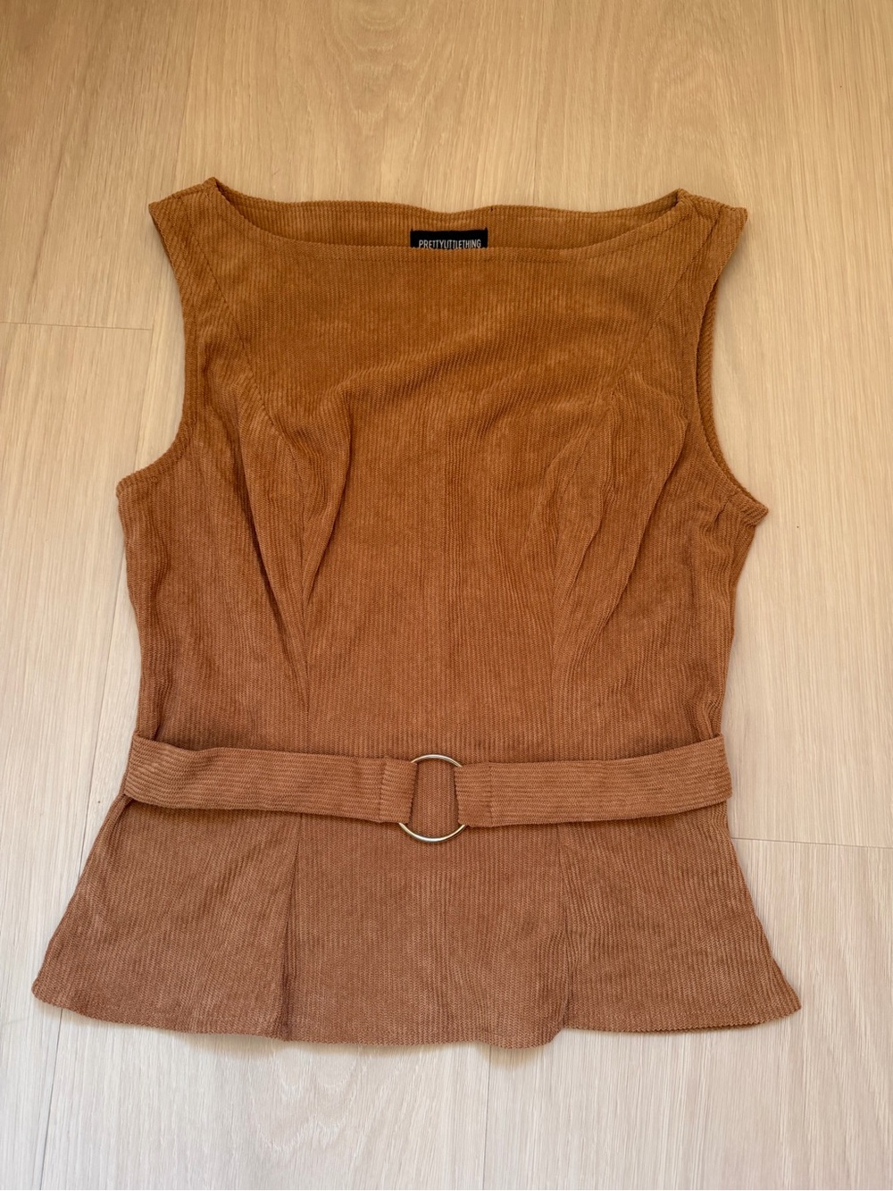 PrettyLittleThing Rust Brown Ribbed Sleeveless Top with Belt